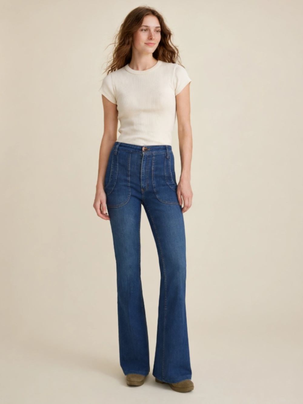 Grey Ant High Waisted 70's style Bell Bottom Trouser Flare Blue Denim Jeans  2